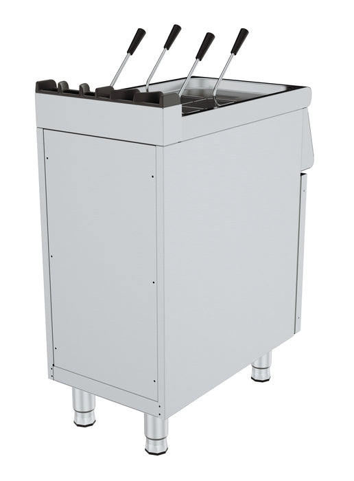 Stainless steel gas pasta cooker with three baskets, compact freestanding model view 4