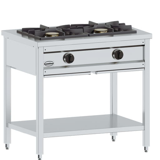 Freestanding gas pancake preparation table with two burners and stainless steel top