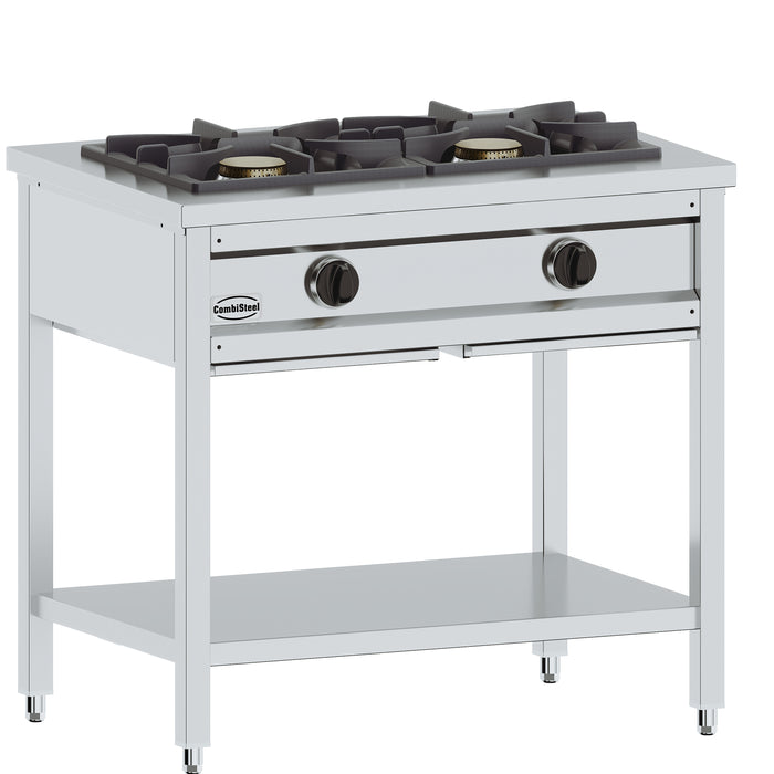 Freestanding gas pancake preparation table with two burners and stainless steel top