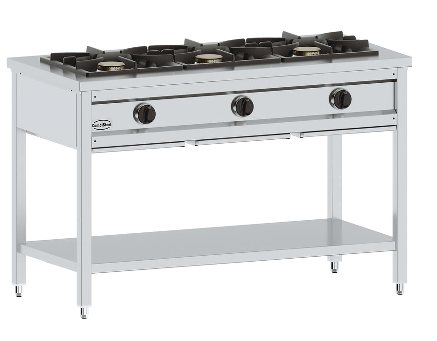 Freestanding gas pancake preparation table with three burners and stainless steel work surface