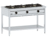 Freestanding gas pancake preparation table with three burners and stainless steel work surface