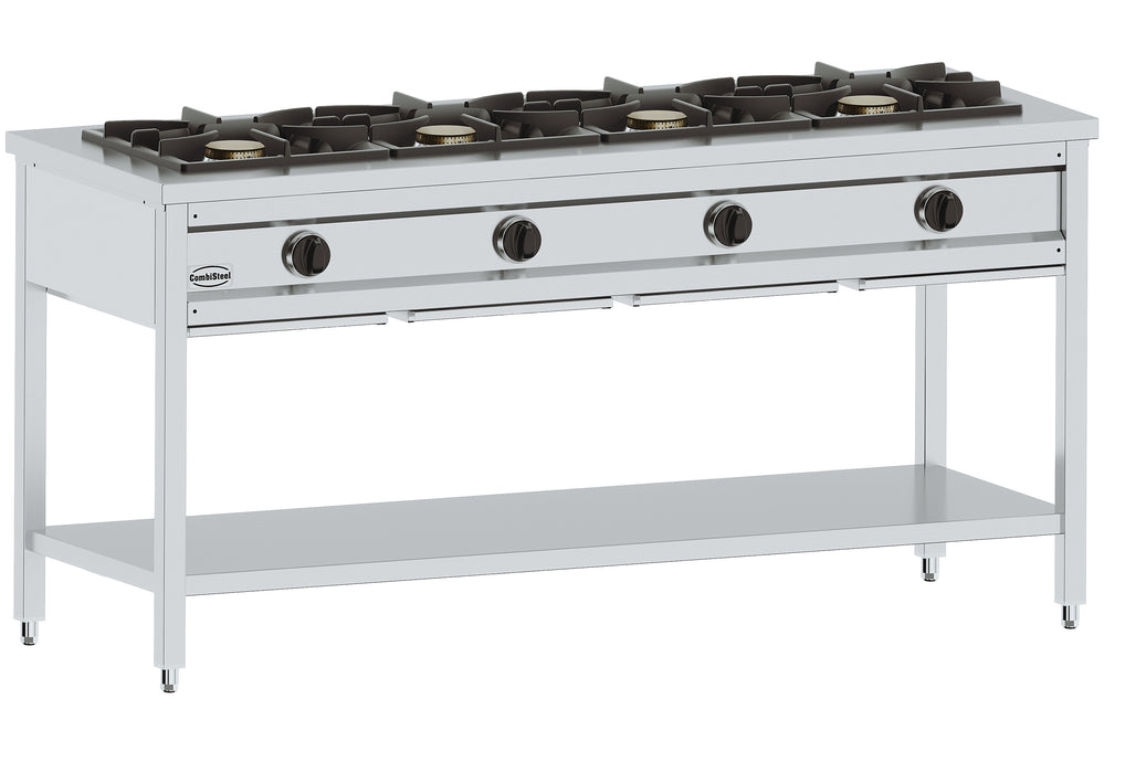 Freestanding 4 burner gas pancake prep table with stainless steel top