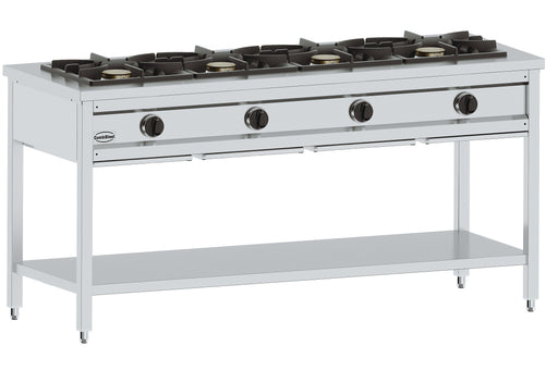 Freestanding 4 burner gas pancake prep table with stainless steel top