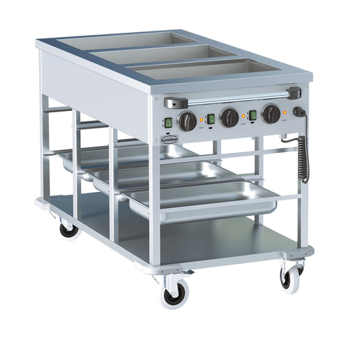 Stainless steel mobile bain-marie trolley with three gastronorm wells and control knob