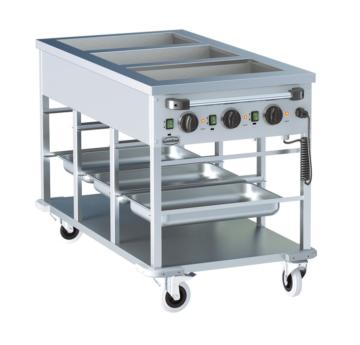 Stainless steel mobile bain-marie trolley with three gastronorm wells and control knob