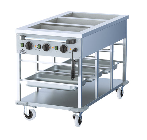 Stainless steel mobile bain-marie trolley with three gastronorm wells and control knob view 2