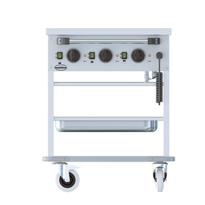 Stainless steel mobile bain-marie trolley with three gastronorm wells and control knob view 3