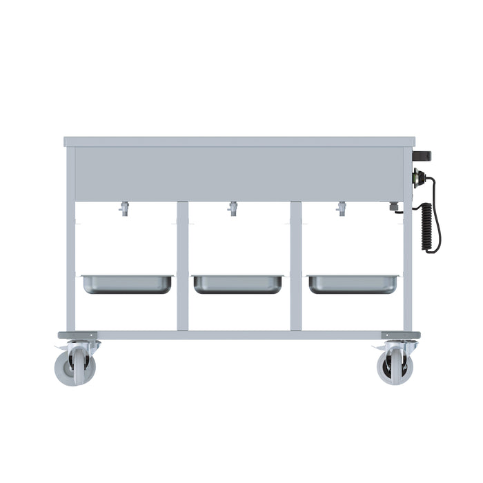 Stainless steel mobile bain-marie trolley with three gastronorm wells and control knob view 4