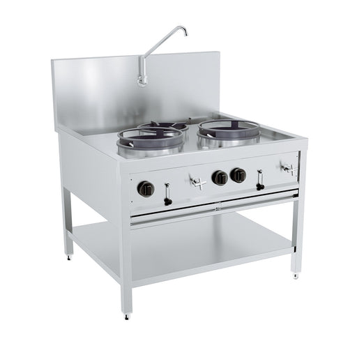 Stainless steel gas wok table with three burners and grease collection tray