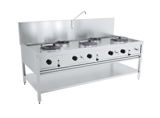 Stainless steel five-burner gas wok table, freestanding commercial kitchen equipment