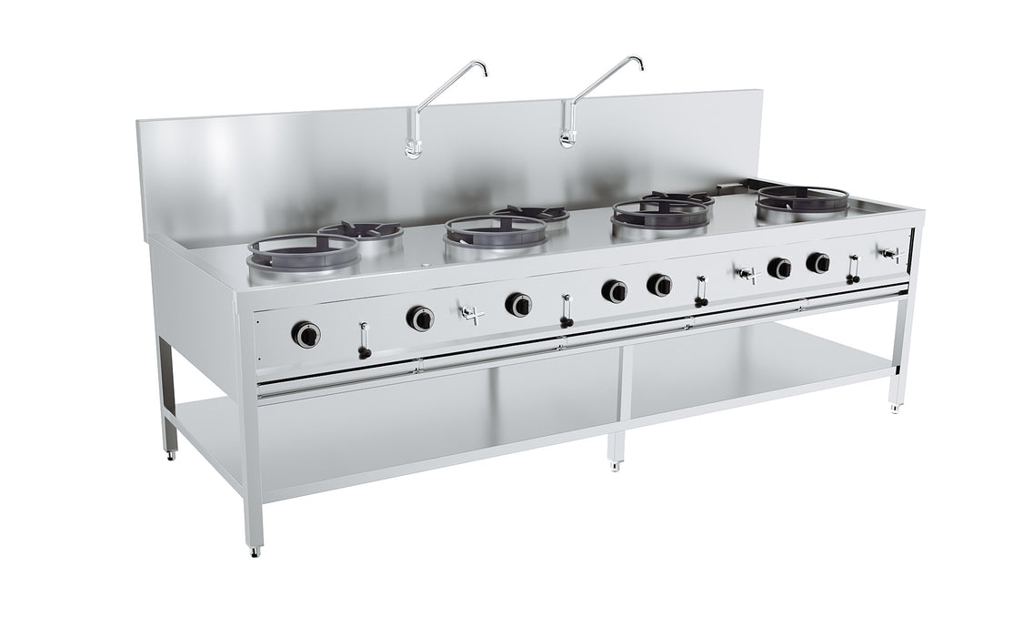 Stainless steel gas wok table with seven burners, freestanding model.