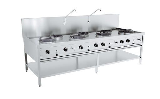 Stainless steel gas wok table with seven burners, freestanding model.