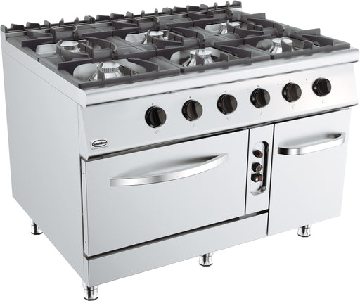 Combisteel BASE 900 six burner gas cooking range with integral oven, 1200mm wide