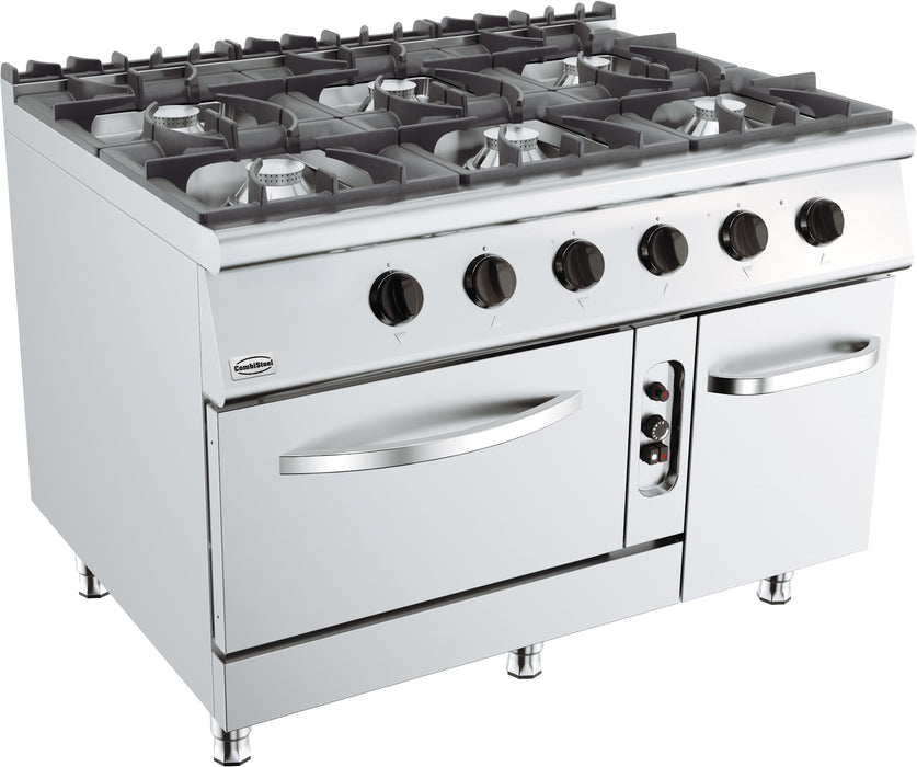 Combisteel BASE 900 six burner gas cooking range with integral oven, 1200mm wide