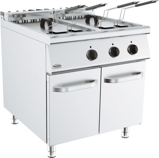 Stainless steel freestanding electric fryer with dual fry tanks and basket storage beneath.