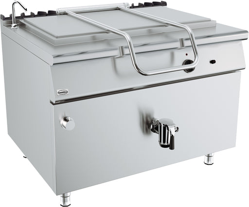 Stainless steel freestanding gas boiling pan with 250-litre capacity and control panel