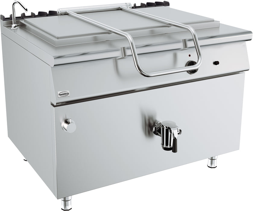 Stainless steel freestanding gas boiling pan with 250-litre capacity and control panel