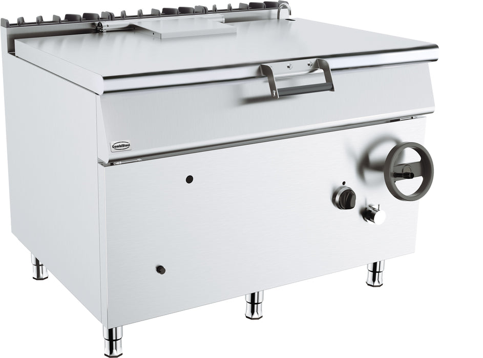 Combisteel BASE 900 gas tilting pan with manual tilt mechanism, stainless steel construction.
