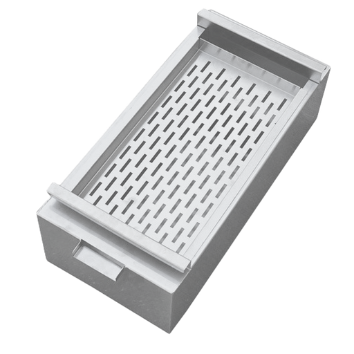 Stainless steel fryer oil collection tray with integrated filter mechanism