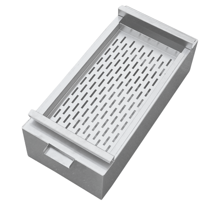 Stainless steel fryer oil collection tray with integrated filter mechanism