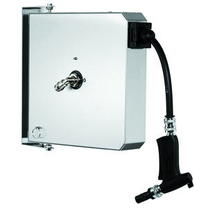 Wall-mounted retractable hose reel with coiled hose and spray gun attachment