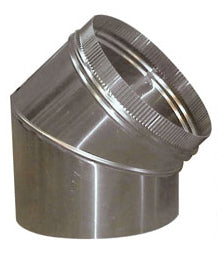 45 degree round elbow duct connector, 200mm diameter, stainless steel finish.