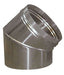 45 degree round elbow duct connector, 200mm diameter, stainless steel finish.