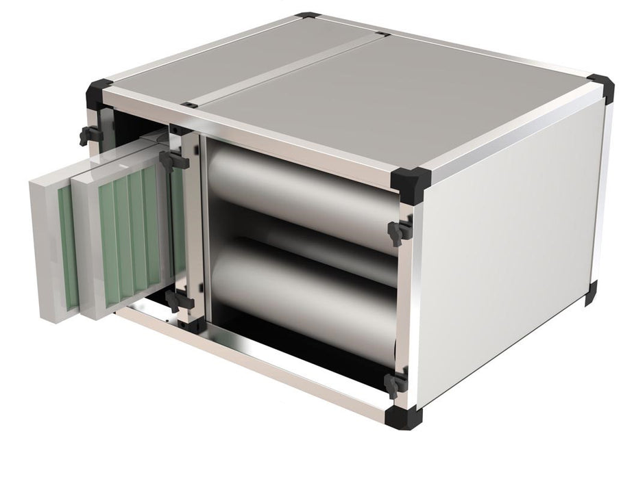 Combisteel air cleaner unit with multiple filter cartridges, stainless steel finish.