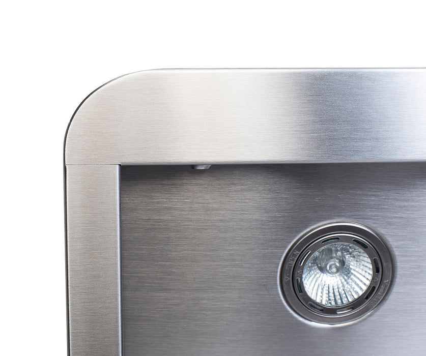 Stainless steel slanted extractor hood, 900mm wide, with LED lights and filter grilles view 4