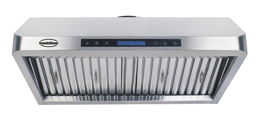 Stainless steel slanted extractor hood, 900mm wide, with LED lights and filter grilles