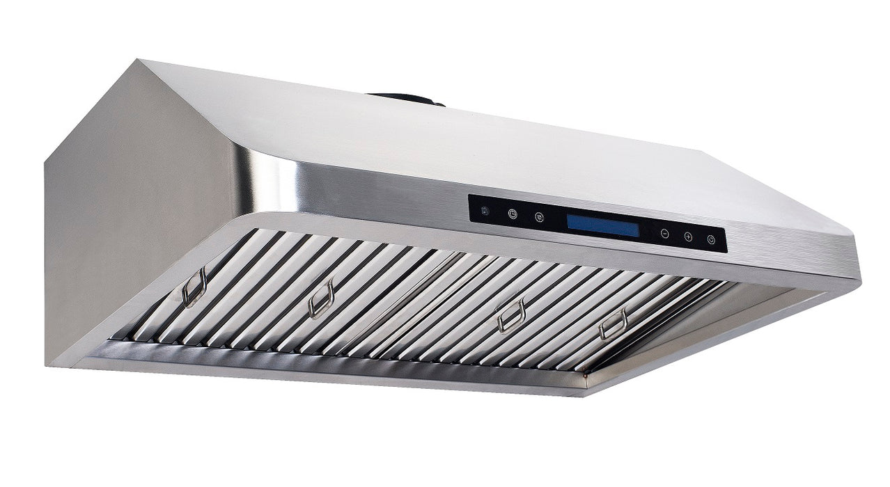 Stainless steel slanted extractor hood, 900mm wide, with LED lights and filter grilles view 2
