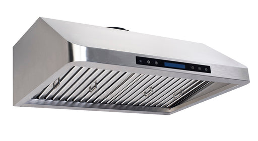 Stainless steel slanted extractor hood, 900mm wide, with LED lights and filter grilles view 2