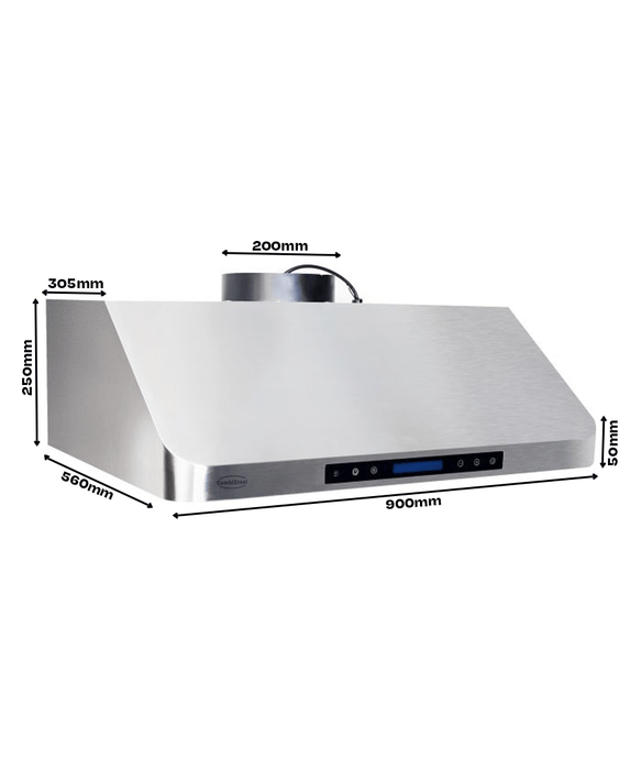 Stainless steel slanted extractor hood, 900mm wide, with LED lights and filter grilles view 6