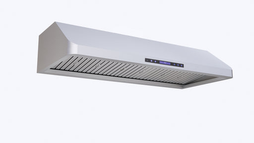 Stainless steel slanted extractor hood, 1200mm wide, with LED lighting and filter assembly view 2