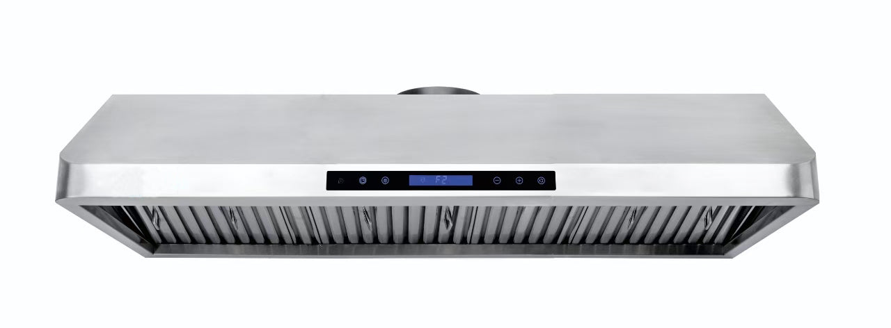 Stainless steel slanted extractor hood, 1200mm wide, with LED lighting and filter assembly