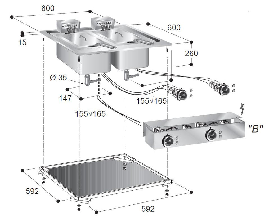 Stainless steel drop-in electric fryer with two 10-litre baskets and control panel view 2