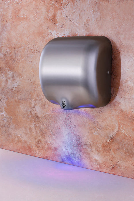Stainless steel hand dryer with sensor activation and digital display view 4