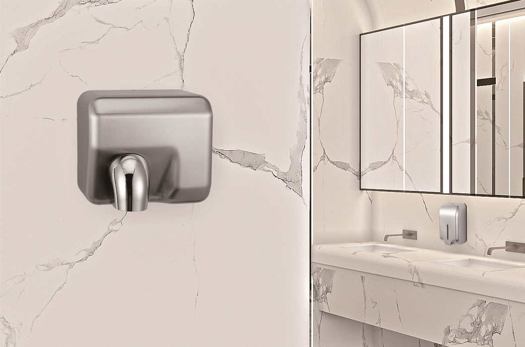Combisteel HD-04 silver stainless steel hand dryer mounted on white background view 5