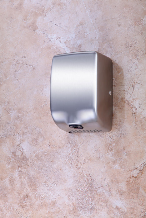 Silver stainless steel hand dryer unit with sensor activation view 4