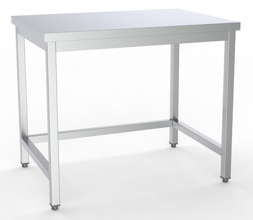 Stainless steel open frame worktable, 1600mm wide, flat packed.