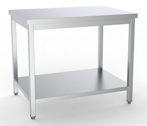 Stainless steel worktable with lower shelf and adjustable legs, 900mm wide