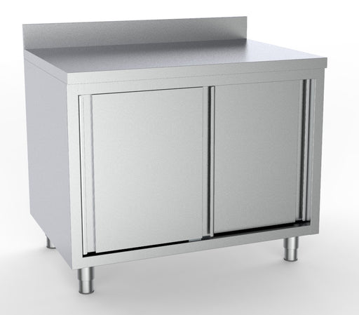 Stainless steel worktable with sliding doors and upstand, 1600mm wide