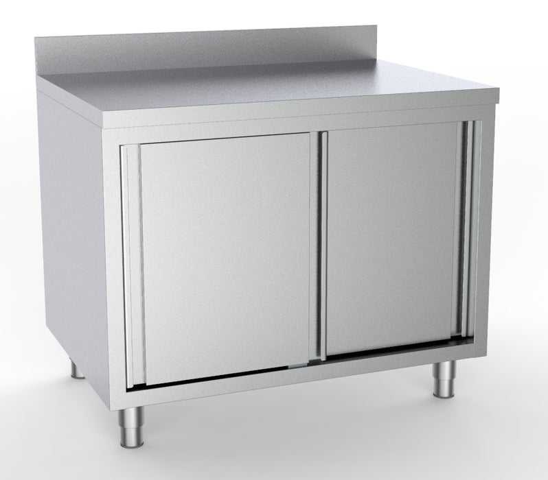 Stainless steel worktable with sliding doors and upstand, 1600mm wide