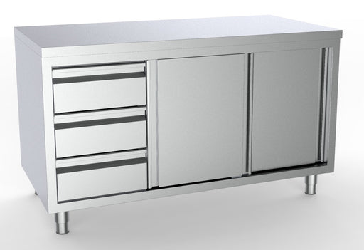 Stainless steel worktable with sliding doors and left-side drawers, 1600mm width