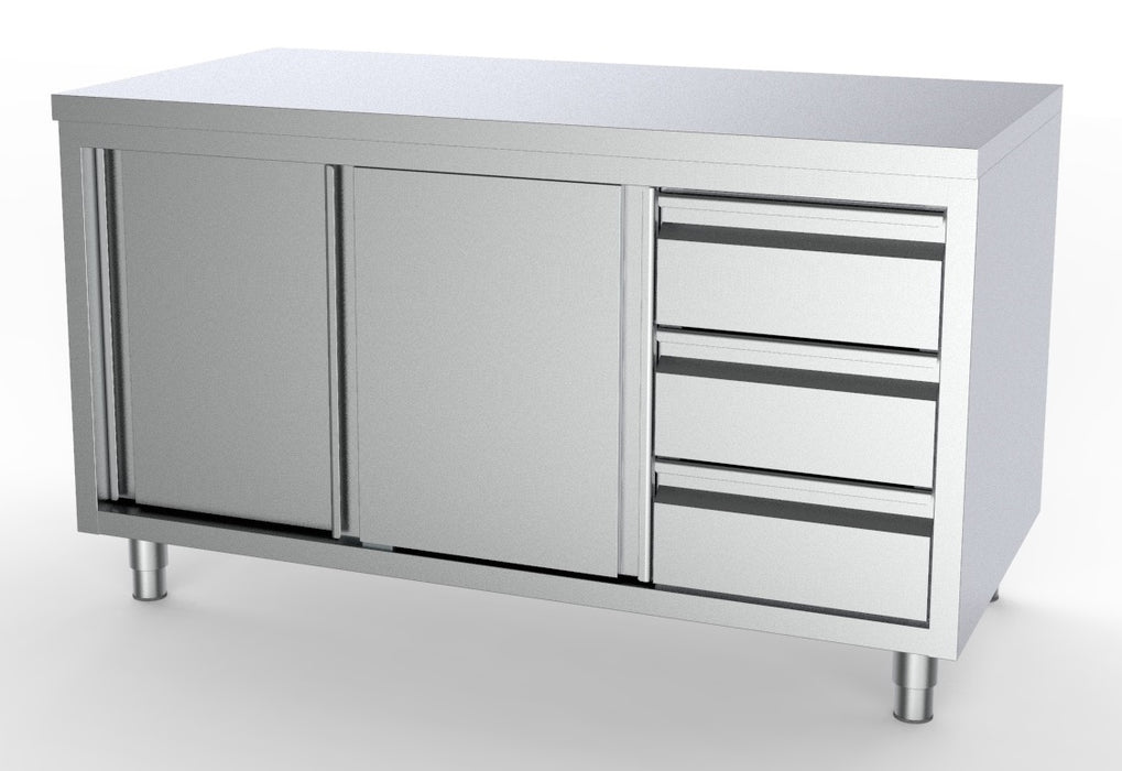 Combisteel RIGHT 1800 stainless steel prep worktable with sliding doors and drawers