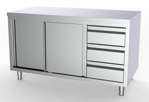 Combisteel RIGHT 1800 stainless steel prep worktable with sliding doors and drawers