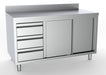 Stainless steel prep worktable with sliding doors, drawers and left upstand