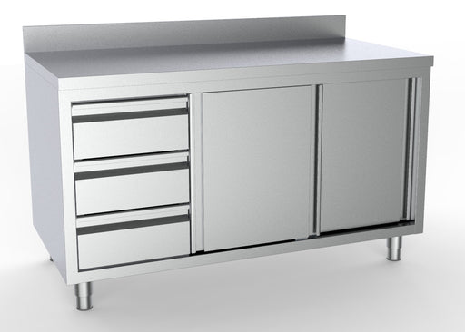 Stainless steel prep worktable with sliding doors, drawers and left upstand