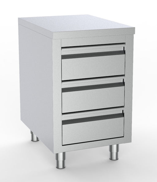 Stainless steel worktable with three sliding drawers, 500mm width