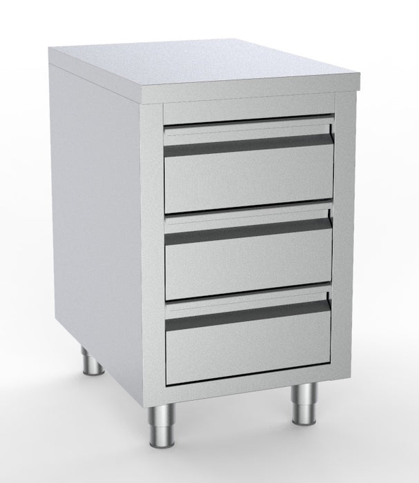 Stainless steel worktable with three sliding drawers, 500mm width